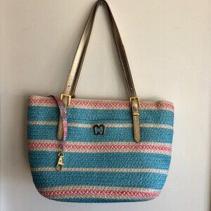 ERIC JAVITS Straw Shoulder Purse Turquoise Pink Zip Top